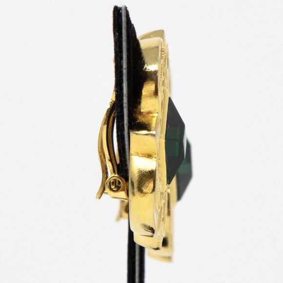 Vintage Rare Shape Signed Ben-Amun Gold Tone Green Rhinestone Clip On Earrings - Picture 3 of 11